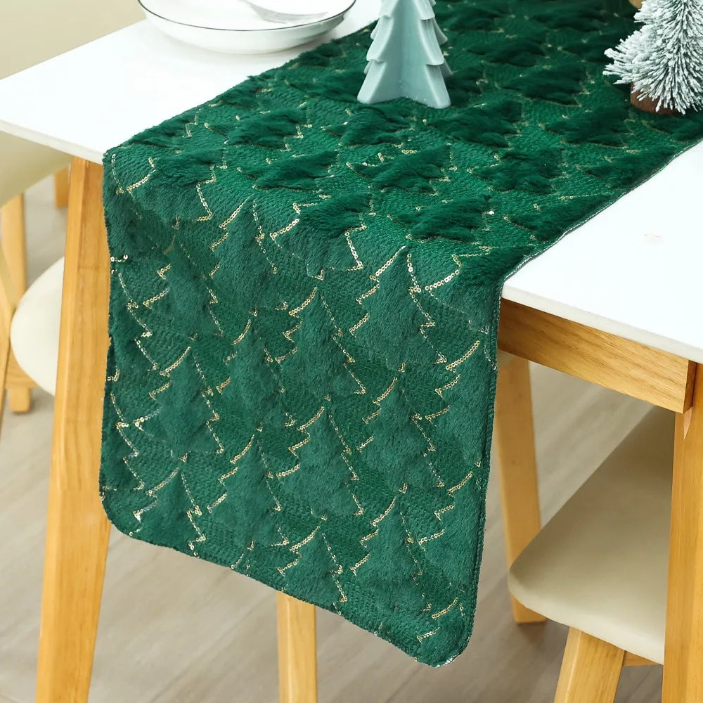 Christmas Plush Table Runner 3D Xmas Tree Pattern Tablecloth New Year Dinner Table Cloth Cover Home Festival Party Decorations Quake