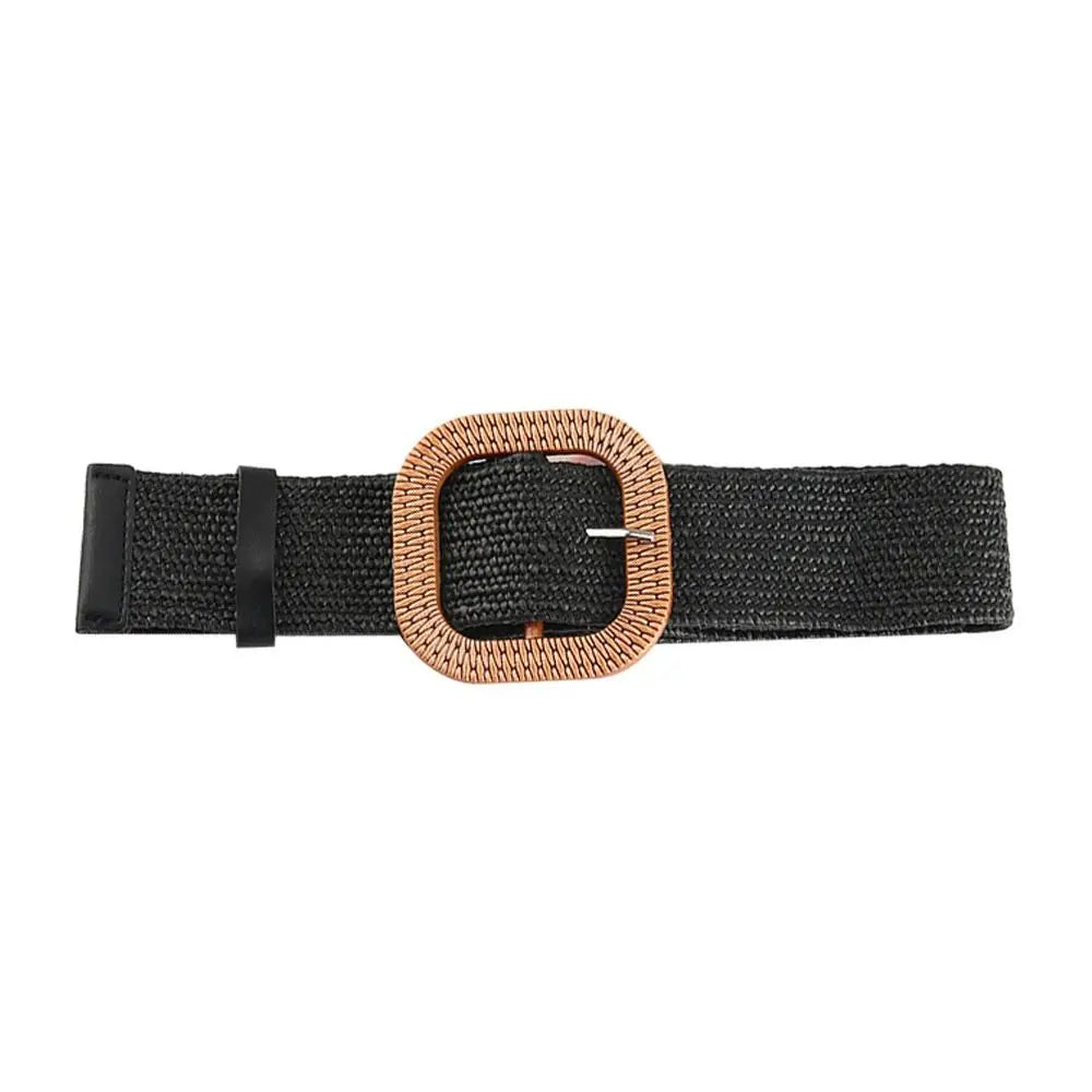 Summer Casual Elastic Braided Waistbelt Wide Straw Belt Waist Belt Quake Black-Style 2