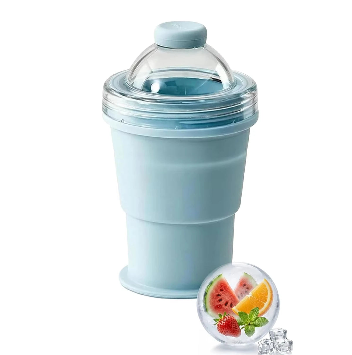 2-in-1 Collapsible Silicone Ice Ball Cup Reusable Portable Ice Sphere Mold with Straw Lid for Coffee Juice Drinks Quake Blue