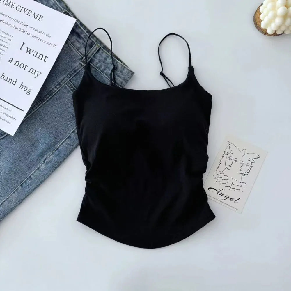 Sweet Sleeveless Suspender Vest Slim With Padded Cups Camisole Underwear Short Vest Sports Activities Quake Black One Size