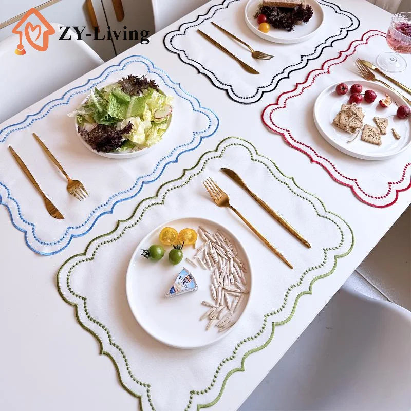 1Pcs Embroidered Placemat Polyester Cotton Table Decoration Mat , 45x32cm Quake