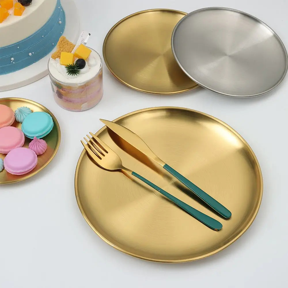 14/17/20/23/26CM Stainless Steel Bone Spitting Dish Gold Silver Shallow Tray Metal Dining Disc Round Plate Dessert Tableware Quake
