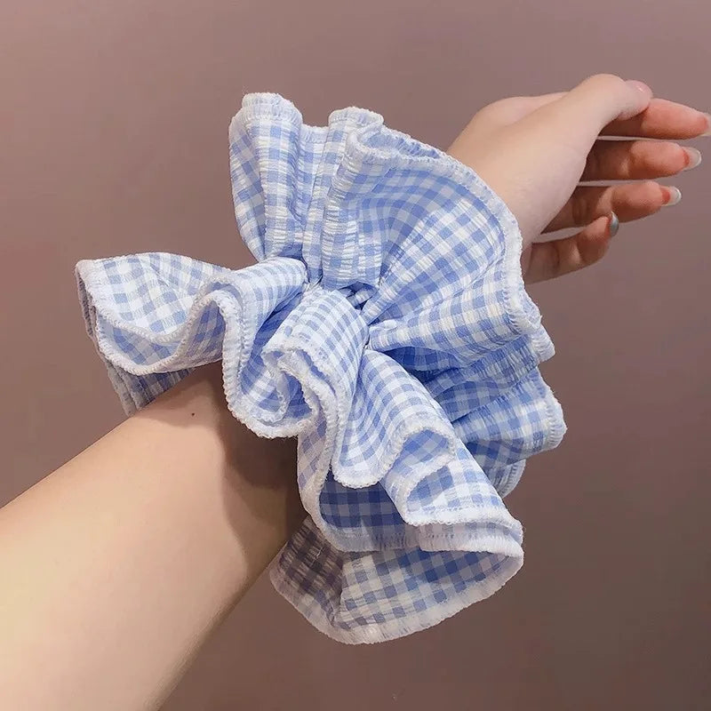 Blue Plaid Hair Scrunchies Korean Fashion Sweet Girls Ruffles Plaid Large Hair Ties Ropes Women Sweet Versatile Rubber Bands New Quake