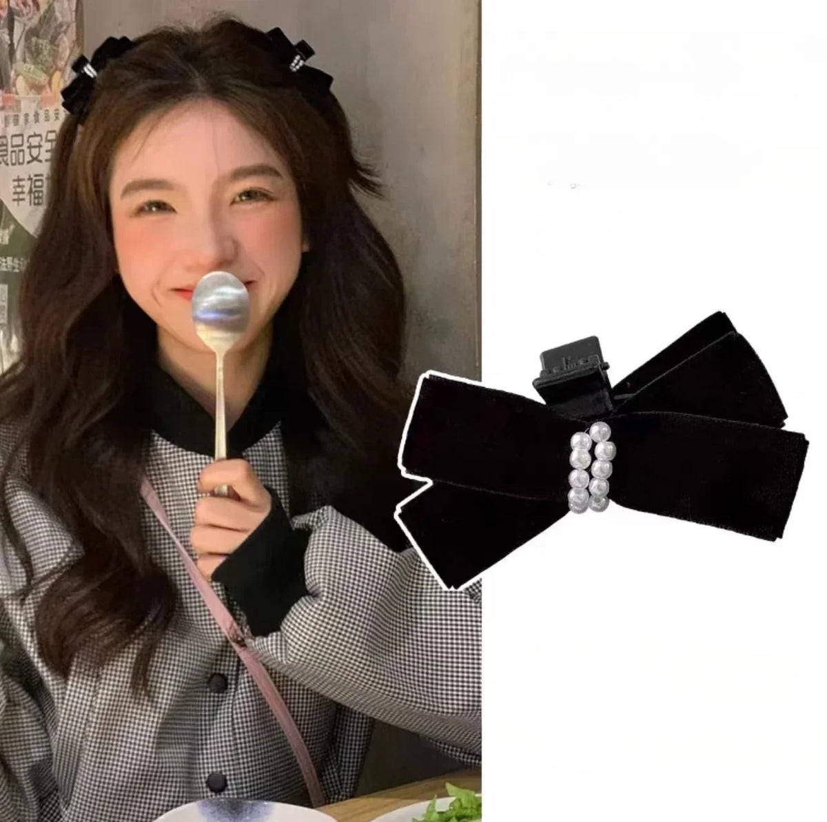 Sweet Cute Velvet Bow Hair Clip Forehead Bangs Side Clip Korean Fashion Small Hair Side Clip Black Red Pearl Headdress Wholesale Quake black