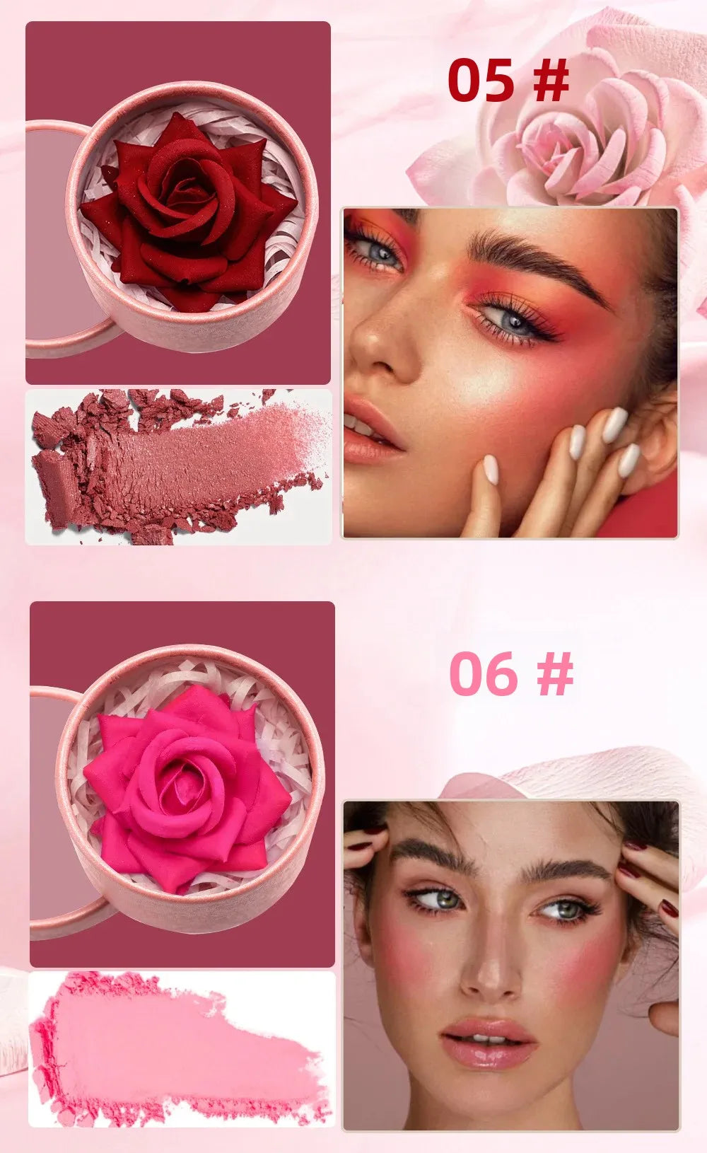 SAM SUGAR 3D Three-Dimensional Rose Blush, High Gloss, Naturally Enhances the Complexion, Small Petals, Nude Makeup Color:06 Quake
