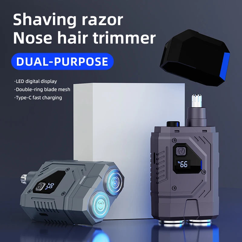 Magnetic Double Blade Electric Shaver for Men Mecha Punk Style Rechargeable LCD Quake