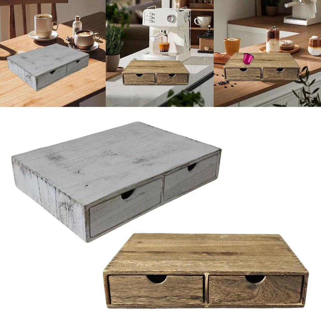 Coffee Pod Holder 2 Drawers Coffee Maker Machine Stand for Capsules Vintage Wooden Organizer for Office Coffee Accessories Quake