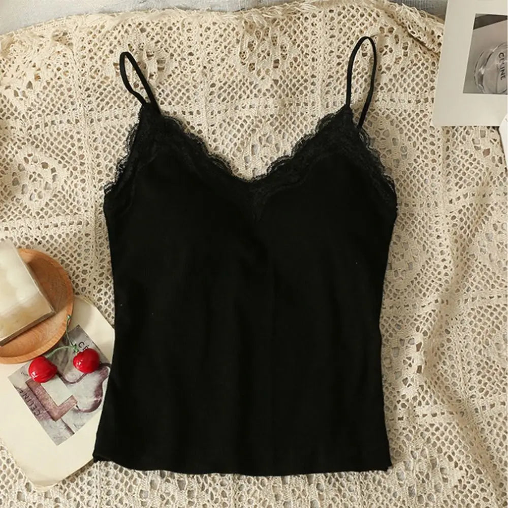 Fashion Breathable Lace Camisole Wire-Free Solid Color Summer Top Strap Bra Sexy Style Bottoming Shirt Quake Black S