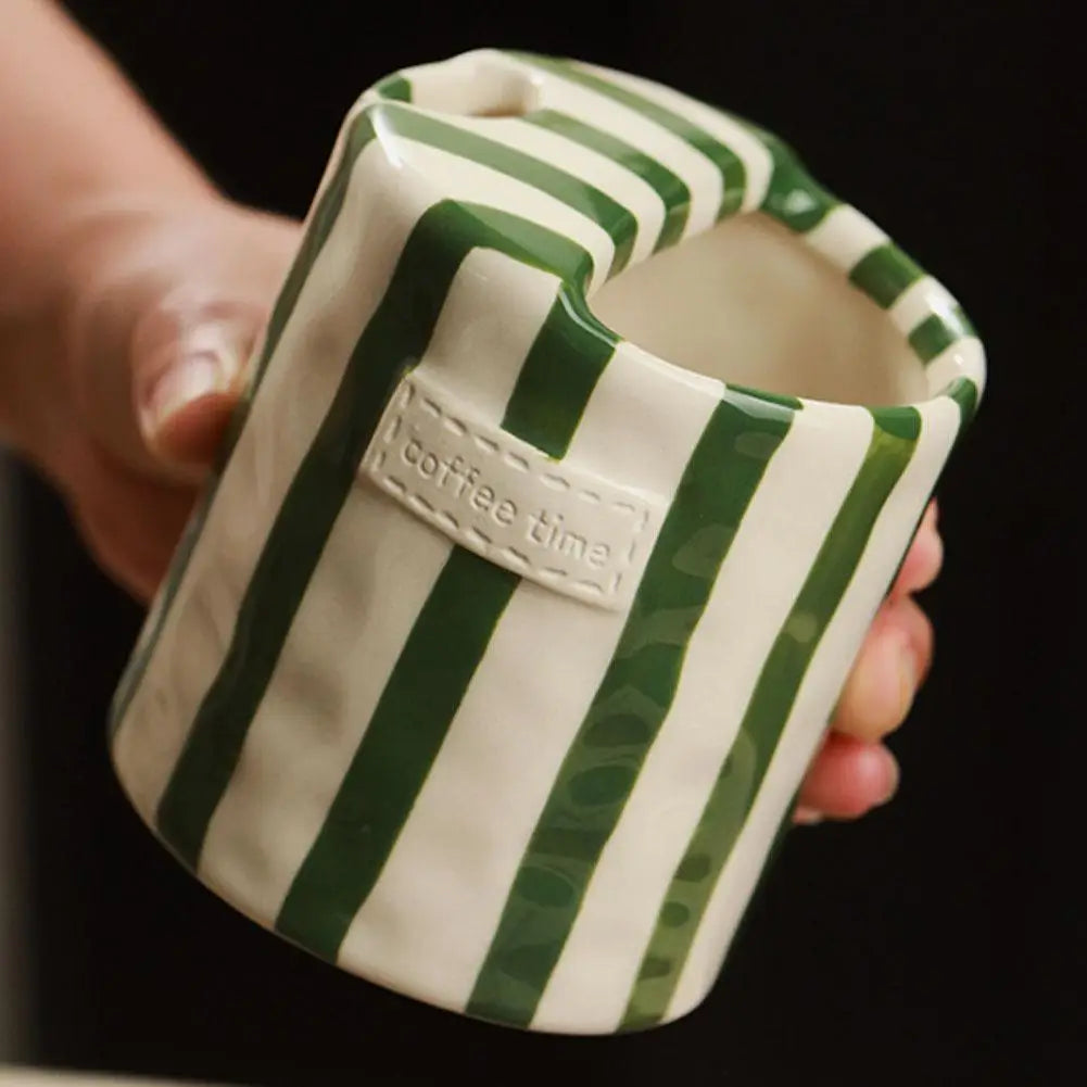 Vintage Stripe Hand Painted Ceramic Mug Creative Dual Compartment Coffee Cup for Office Afternoon Tea Breakfast Quake