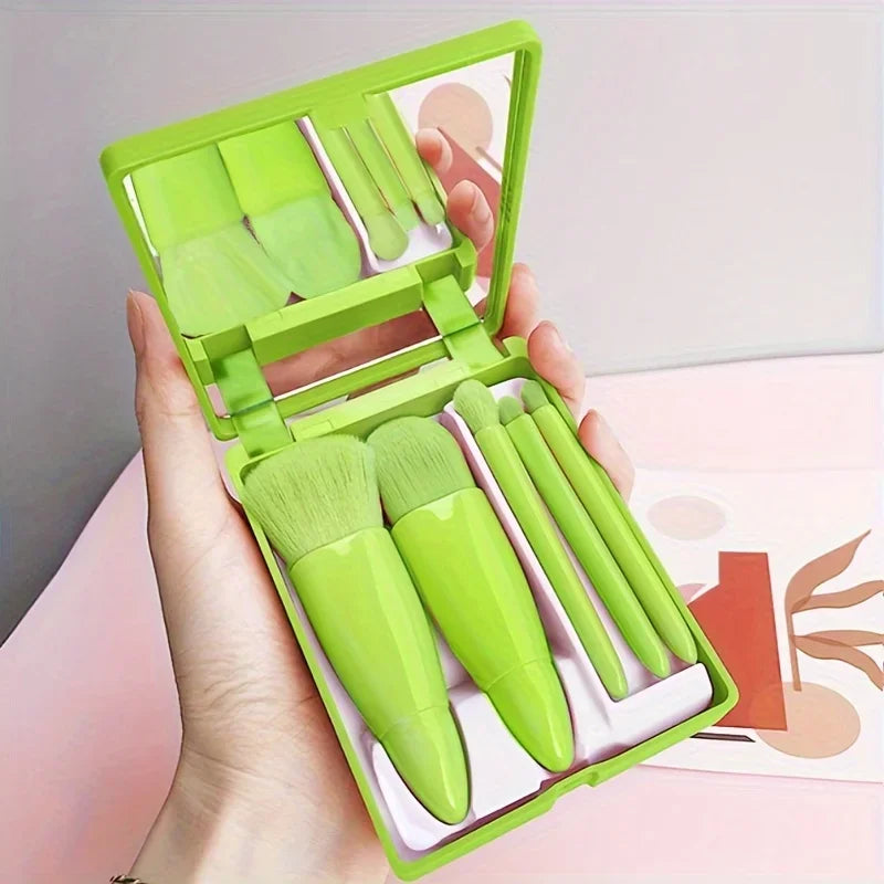 5Pcs Portable Makeup Brush Set with Mirror -Foldable Travel Kit Mini Makeup Brush Set Multifunctional Travel Makeup Brush Set Quake 5Pcs green