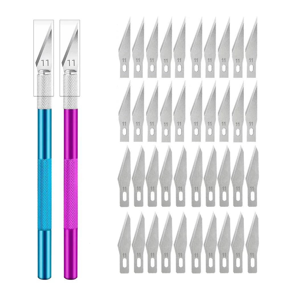 Repair Hand Tools Non-Slip Engraving Metal Knife Kit + 40/10pcs #11 Blades Cutter Craft Knives for Mobile Phone PCB Quake BluePurple