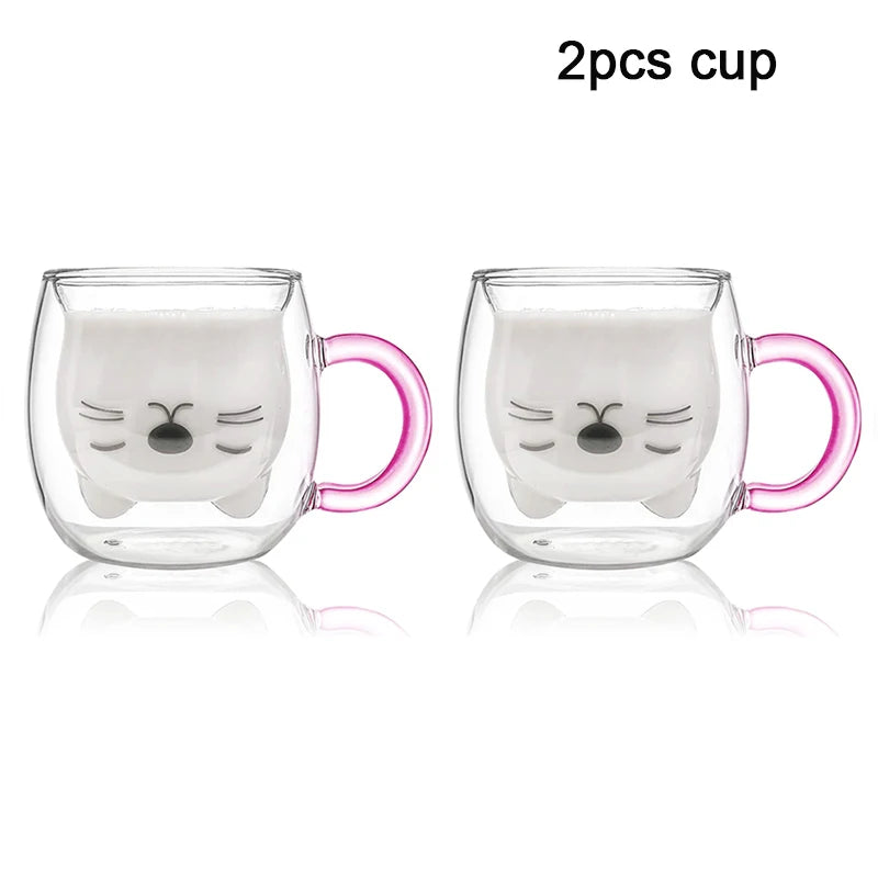 1/2pcs Cute Cat Mugs With Handle Glass Double Wall Insulated Glass Espresso Cup Coffee Milk Mug Gift Quake 2PCS 250-280ml