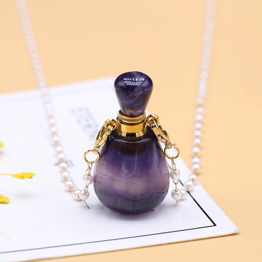 Spring Sweater Chain Perfume Bottle Necklace Natural Stone Fluorite Vase Pendant For Women Christmas Halloween Gift Chain 80cm Quake