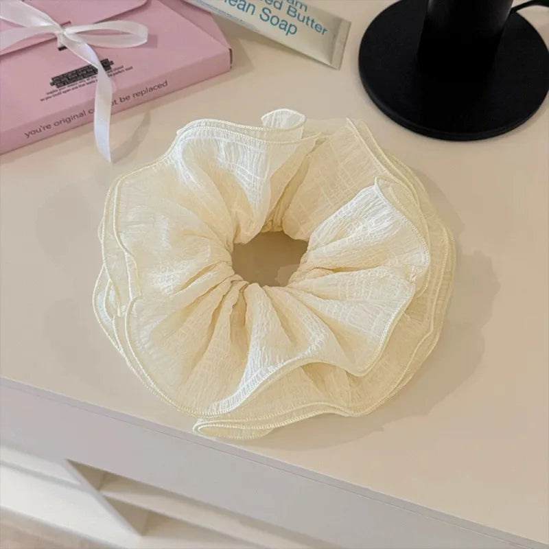 Wrinkle Chiffon Scrunchies for Women Girls Sweet Hair Ropes Elegant Temperament Exaggerated Hairbands Vacation Hair Accessories Quake Creamy White