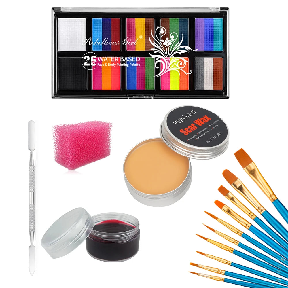 26 Color Body Face Painting Kit with Brush UV Fluorescent Face Makeup Palette,Halloween Carnival Artist Cosplay Art Party Makeup Quake 6 pcs 01