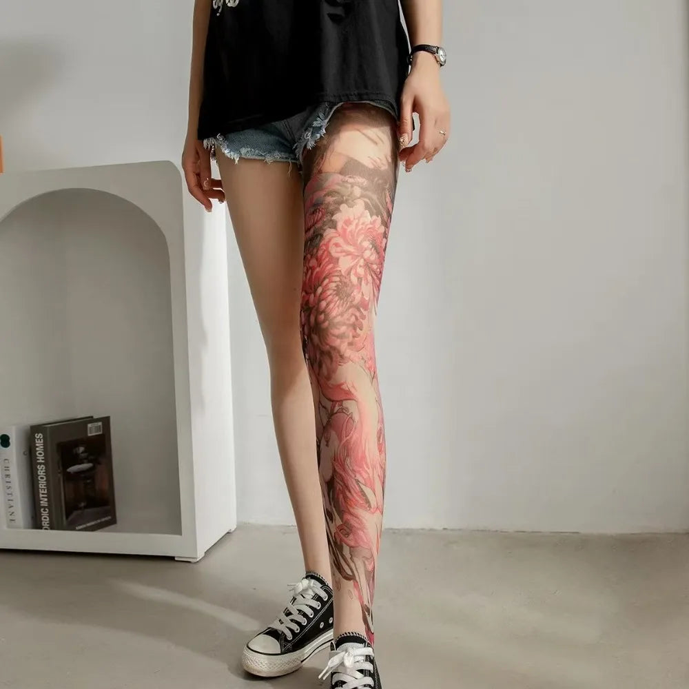 New Sexy Printed Women's Tights Stockings Perspective Mesh Peony Pantyhose Fake Tattoo Leggings Nylon Socks Summer Quake One Size 4