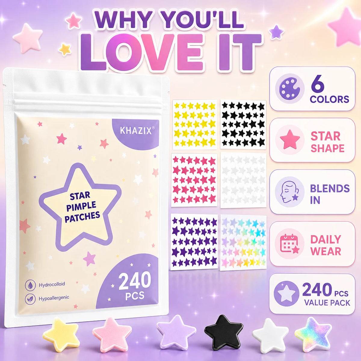 240pcs Star Pimple Patches For Face Hydrocolloid, Absorbing Cover, Tea Tree, Hydrocolloid Acne Patch, Cute Star Pimple Quake