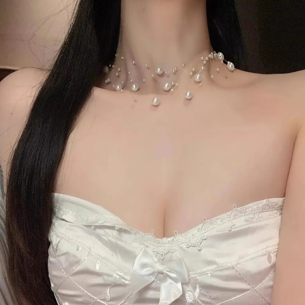 Fashion White Pearl Necklace Adjustable Length Multi-Layer Clavicle Chain Sweater Chain Quake
