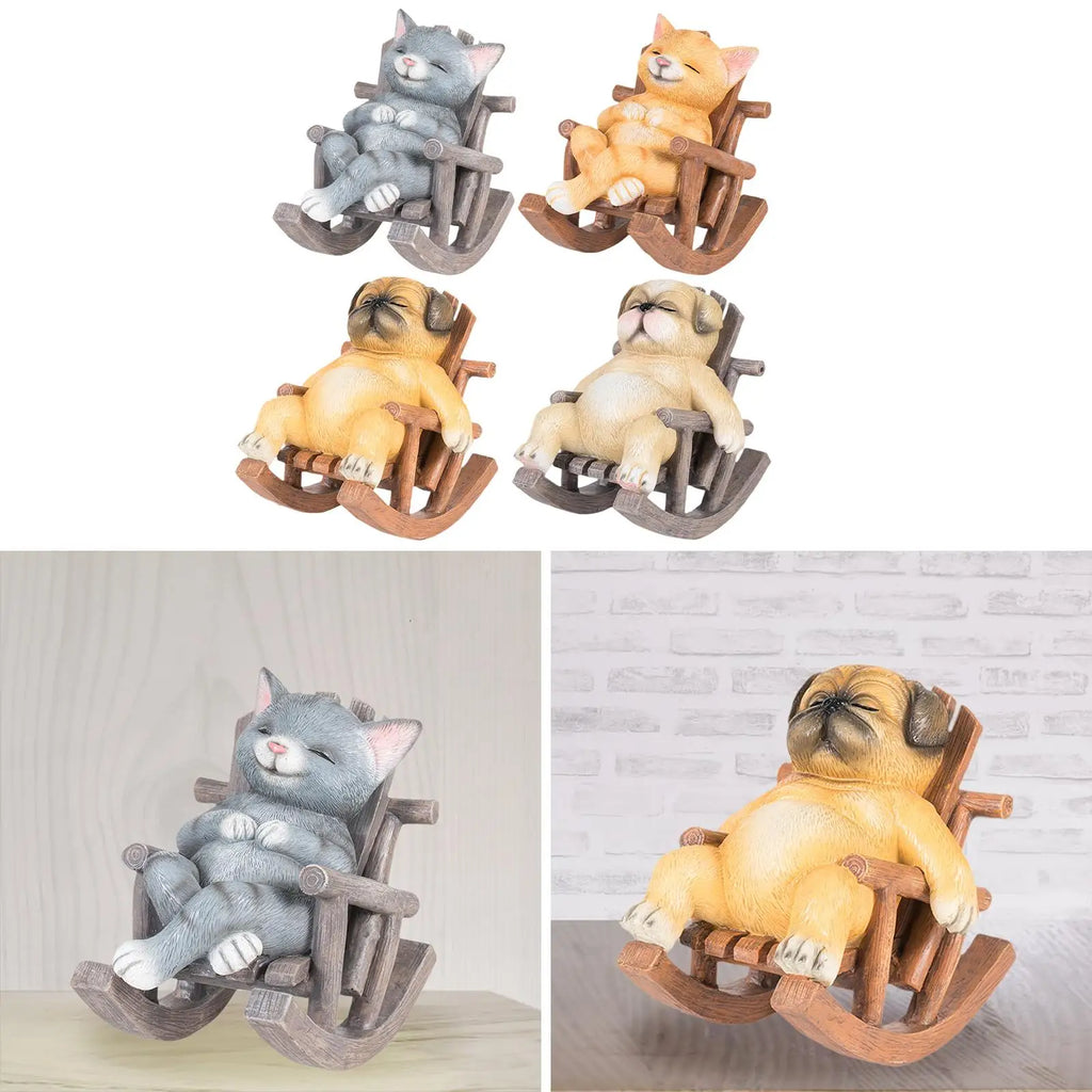 Rocking Chair Animal Statue Creative Decoration Adorable Art Craft Micro Landscape Small Sculpture for Home Office Living Room Quake