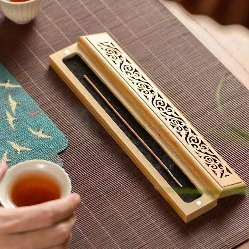 1pc Natural Bamboo Incense Burner with Laying Plate - Aromatherapy Wooden Box for Incense Storage and Burning Quake
