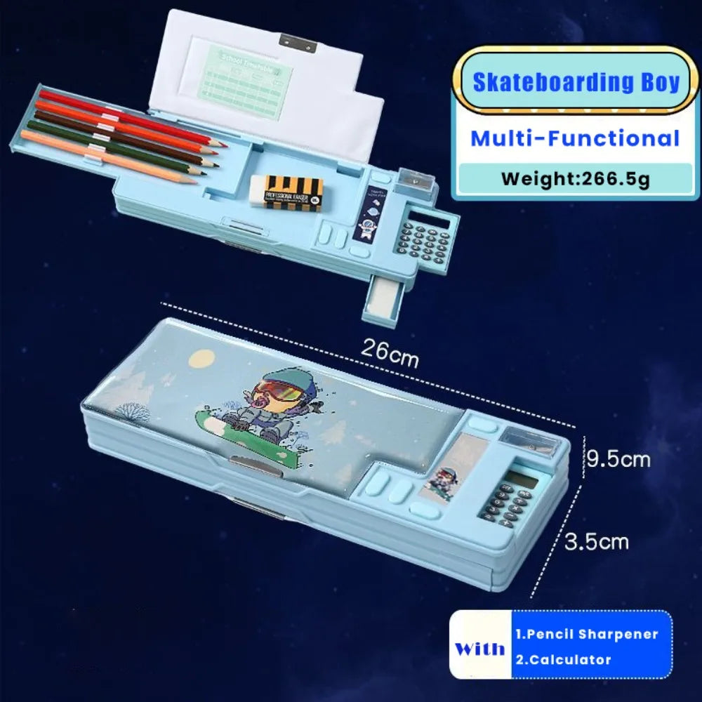 Plastic Pencil Case Fun Mechanism Design Double Sided Use Stationery Storage Box Large Capacity With Calculator/Pencil Sharpener Quake Blue Skateboarding