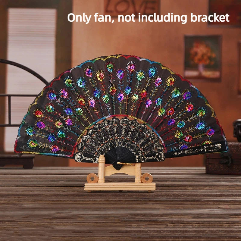 Folding Hand Fan Plastic Gold Powder Craft Fan White Wedding Party Chinese Style Dance Cloth Folding Fan Handheld Quake Multicolor