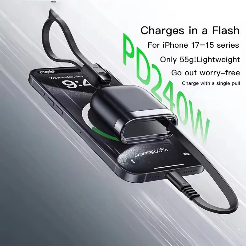 240W PD Retractable USB C Cable Single Core Fast Charging Cord Portable Tangle-Free Travel Business Office Safe Stable Charging Quake