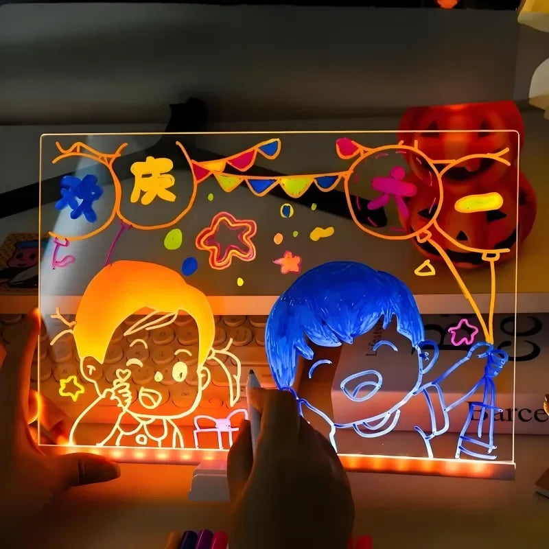 Light Up Acrylic Message Board Rewritable DIY Children's Glowing Drawing Board Message Lamp With 7 Colorful Pens Quake