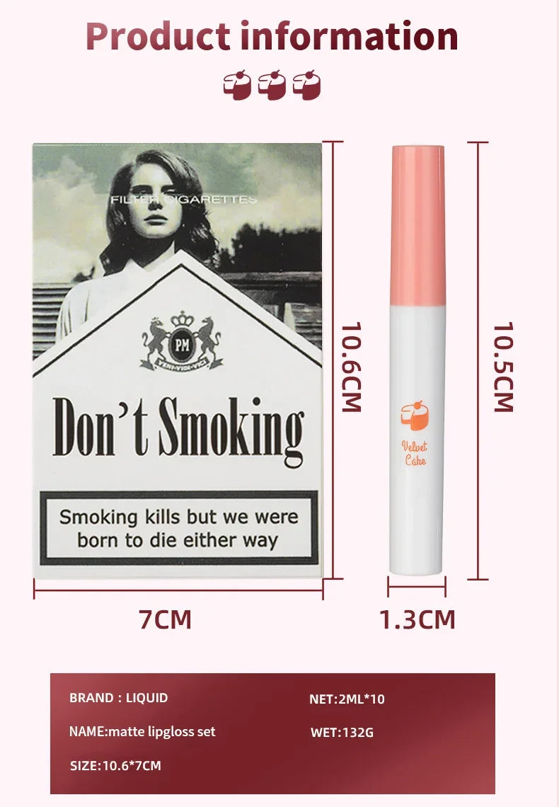 Matte Non-Stick Cup Lip Gloss 10 Sticks Cigarette Tube Lip Glaze Set Liquid Lipstick Velvet European and American Makeup Quake