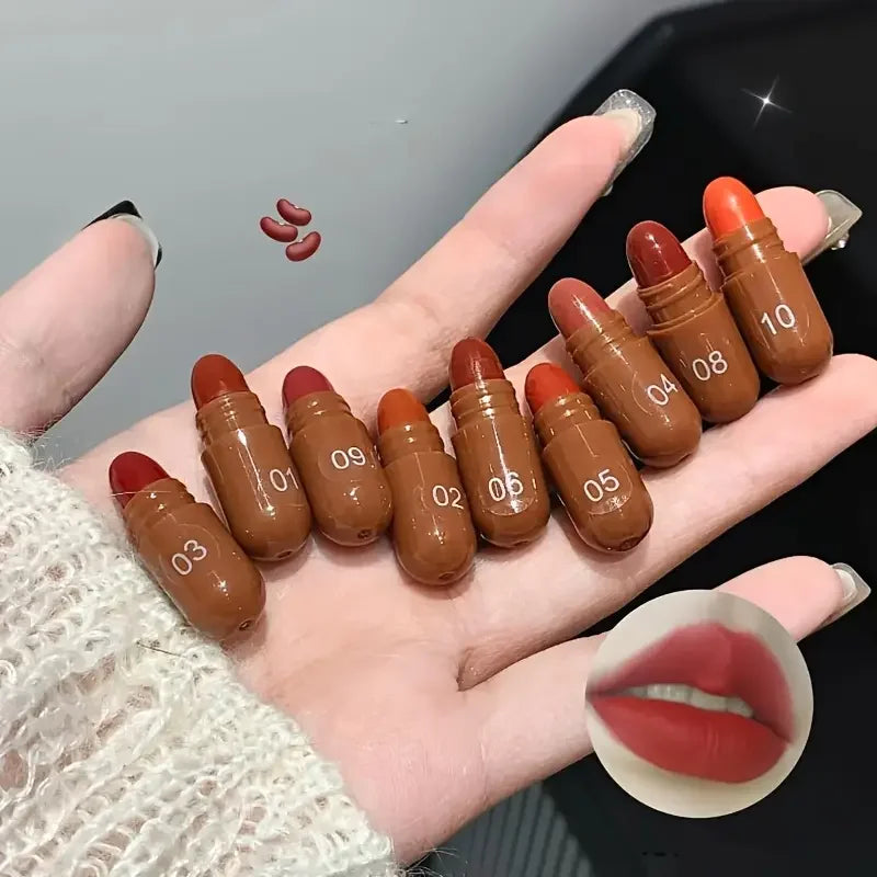 10Pcs Chocolate Mini Lipstick Set,Long-Lasting Matte Velvet Lipstick,Creamy Texture,Non-sticky Cup Design for all Skin Types Quake