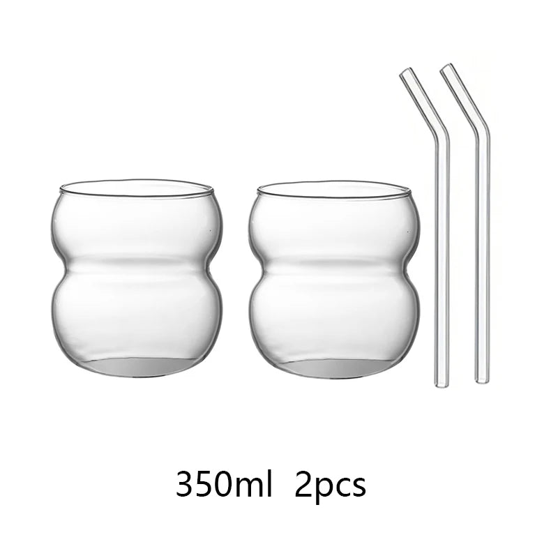 YWDL Transparent Glass Cup with Straw 350/550ml Cold Coffee Dessert Juice Milk Drinkware Mug Party Cocktail Teacup Quake 350ml 2pcs 350-550ml