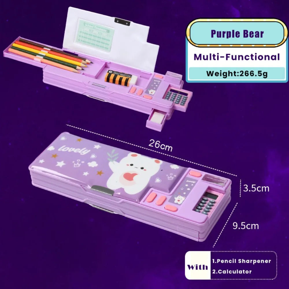 Plastic Pencil Case Fun Mechanism Design Double Sided Use Stationery Storage Box Large Capacity With Calculator/Pencil Sharpener Quake Purple Bear