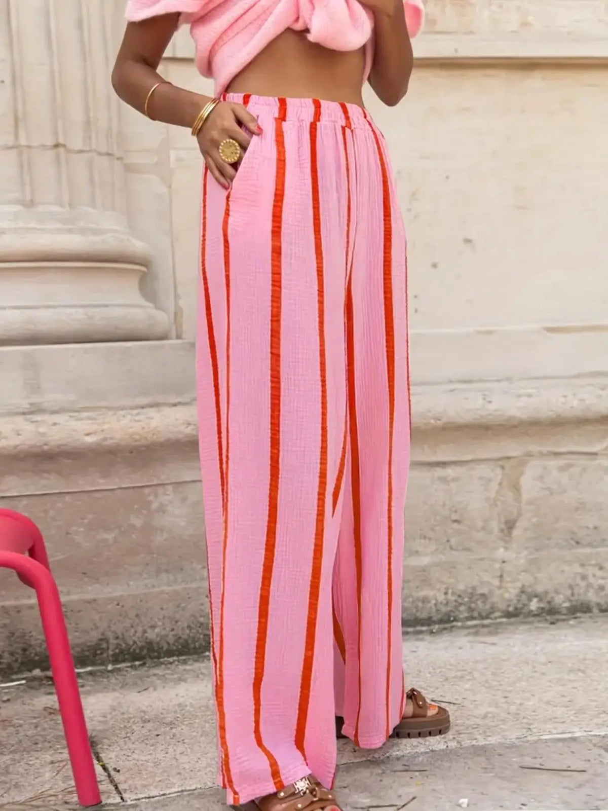 Women's Vertical Stripe Wide-leg Pants, Elastic Waist Pleated Casual Trousers, Resort Style Loose Slimming Floor-length Quake