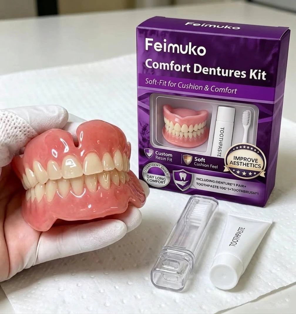 New Instant Smile Moldable Silicone Denture Kit, Natural Ivory Upper & Lower False Teeth With Toothbrush & Toothpaste Quake