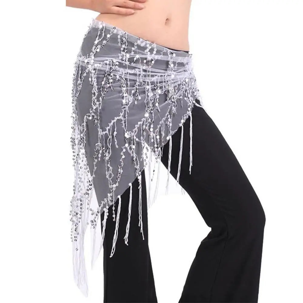 Women Show Costumes Tassels Dancer Skirt Hip Scarf Belly Dance Belt Waist Chain Quake White