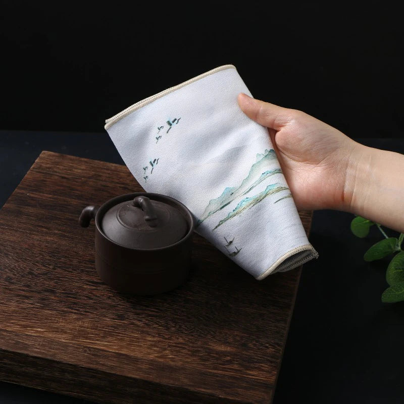 1pc Kung Fu Tea Towel with Ancient Style Thick and Absorbent Multifunctional High-end Painted Tea Cloth Quake