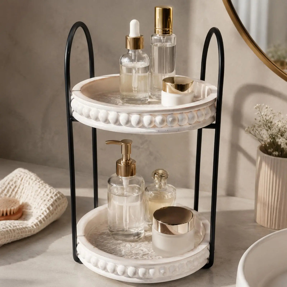Wood Countertop Storage Rack Round Tiered Tray Shelf Organizer for Bathroom Vanity Kitchen Spice Cosmetic Jewelry Display Stand Quake