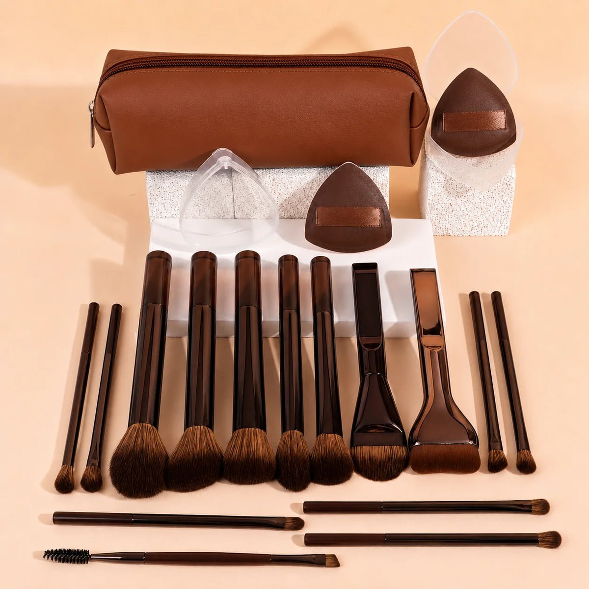 Makeup Brush Set - 18pcs High-Value Multi-Functional - Including 15 Makeup Brushes + 2 Powder Puffs + Makeup Bag - Travel-Friend Quake