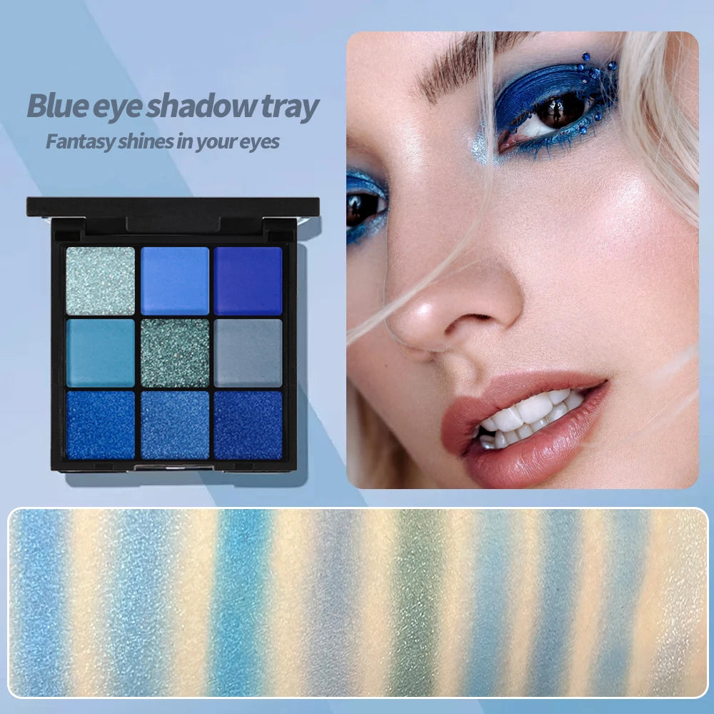 9 Color Eyeshadow Palette Blue Waterproof Sweatproof Blue Matte Pearl Glitter Finish Performance Stage Makeup Music Festival Quake