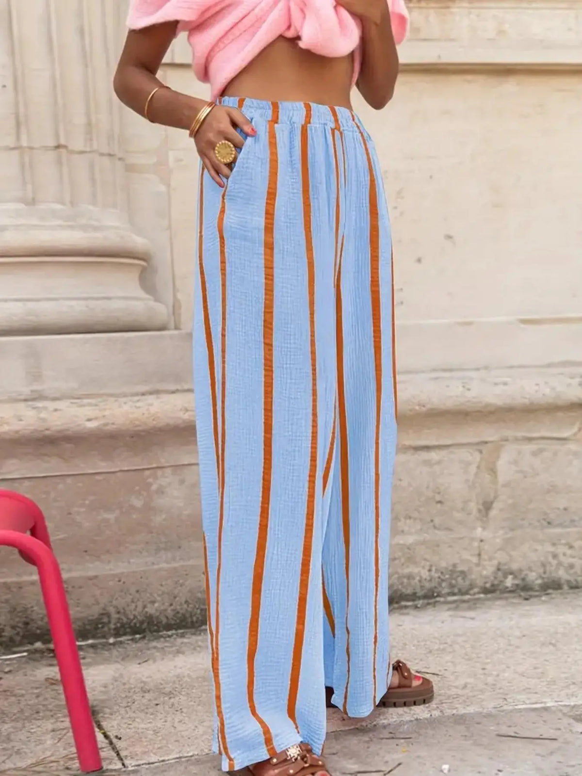 Women's Vertical Stripe Wide-leg Pants, Elastic Waist Pleated Casual Trousers, Resort Style Loose Slimming Floor-length Quake 2 S