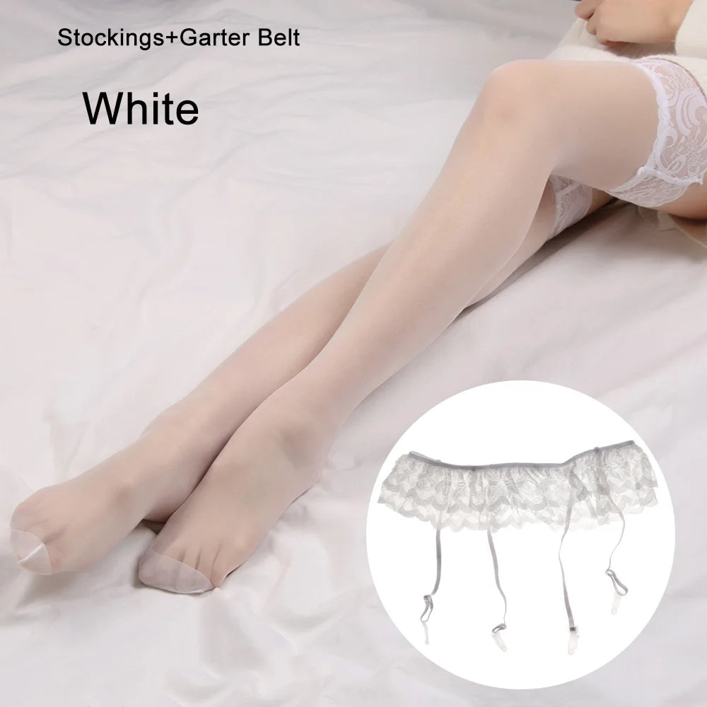 Womens Sexy Hot Lace Top Thigh-Highs Stockings Socks+Suspender Garter Belt Quake White