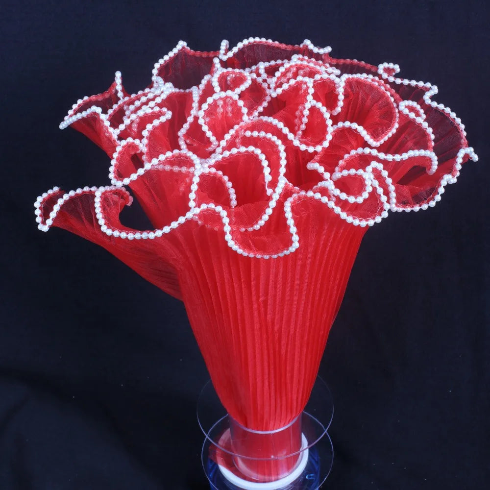 28cmx4Yards Flower Bouquet Wrapping Lace Mesh Material Pearl Wave Yarn Florist Packaging Pearl Edges Flower Wrapping Paper Quake Red one size