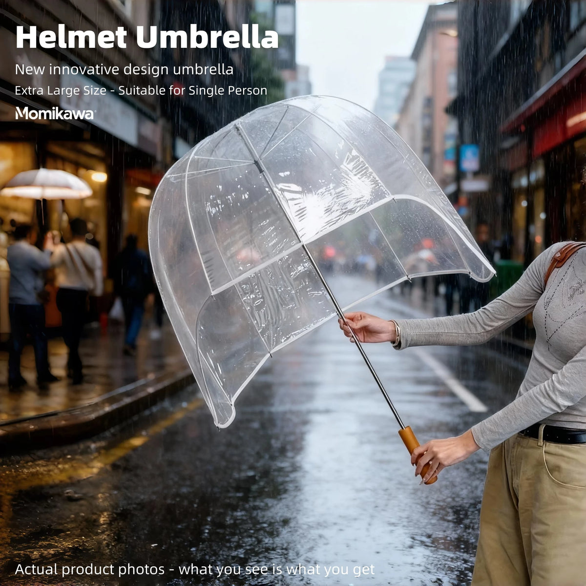 Long-Handled Helmet Umbrella Windproof Waterproof Transparent Fun Cap for Outdoor Weather Quake