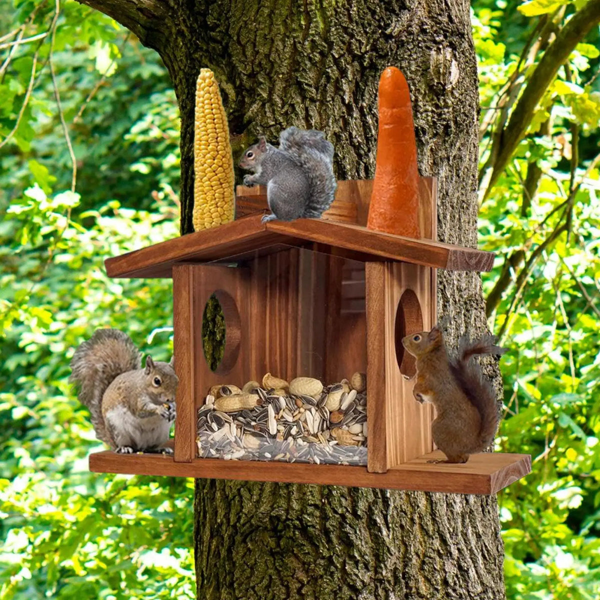 Wood Squirrel Feeder Garden Decoration for Peanut and Corn Feeding House for Outside Winter Backyard Garden Squirrel Lovers Quake