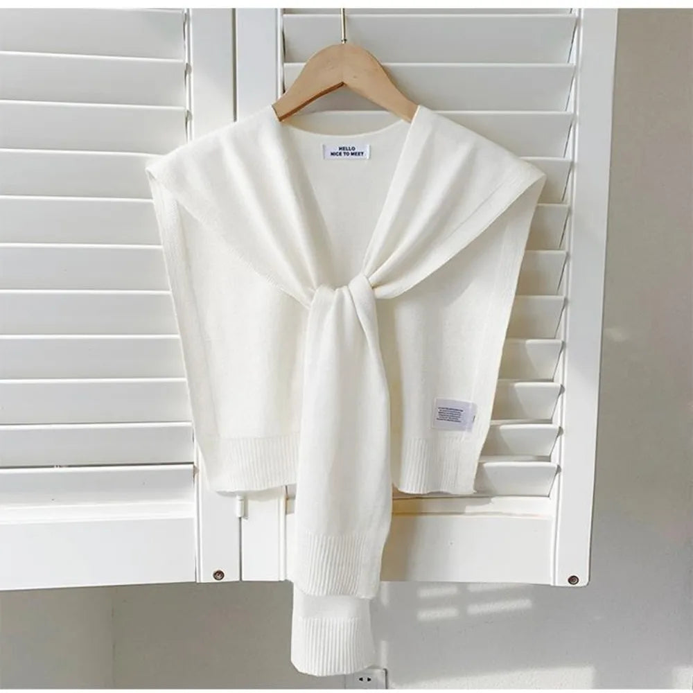 Fashion Knitted Design Knitted Shawl Knotted Solid Color Fake Collar Neck Guard Thin Shoulder Scarf Women Quake White