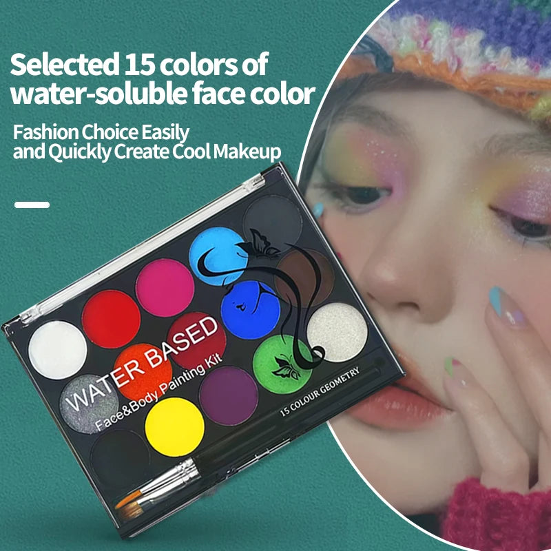 15 Colors Face Painting Palette Body Makeup Non Toxic Water Based Paint With Brush For Christmas Halloween Party Body Painting Quake