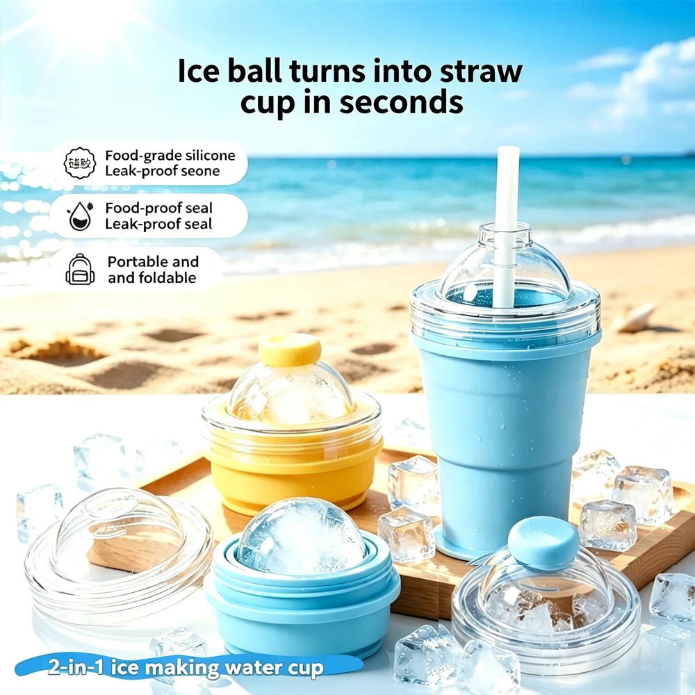 2 in 1 Ice Mold and Water Bottle Food-Grade Silicone Foldable Ice Ball Cup BPA-Free Portable Travel Tumbler for Outdoor Camping Quake