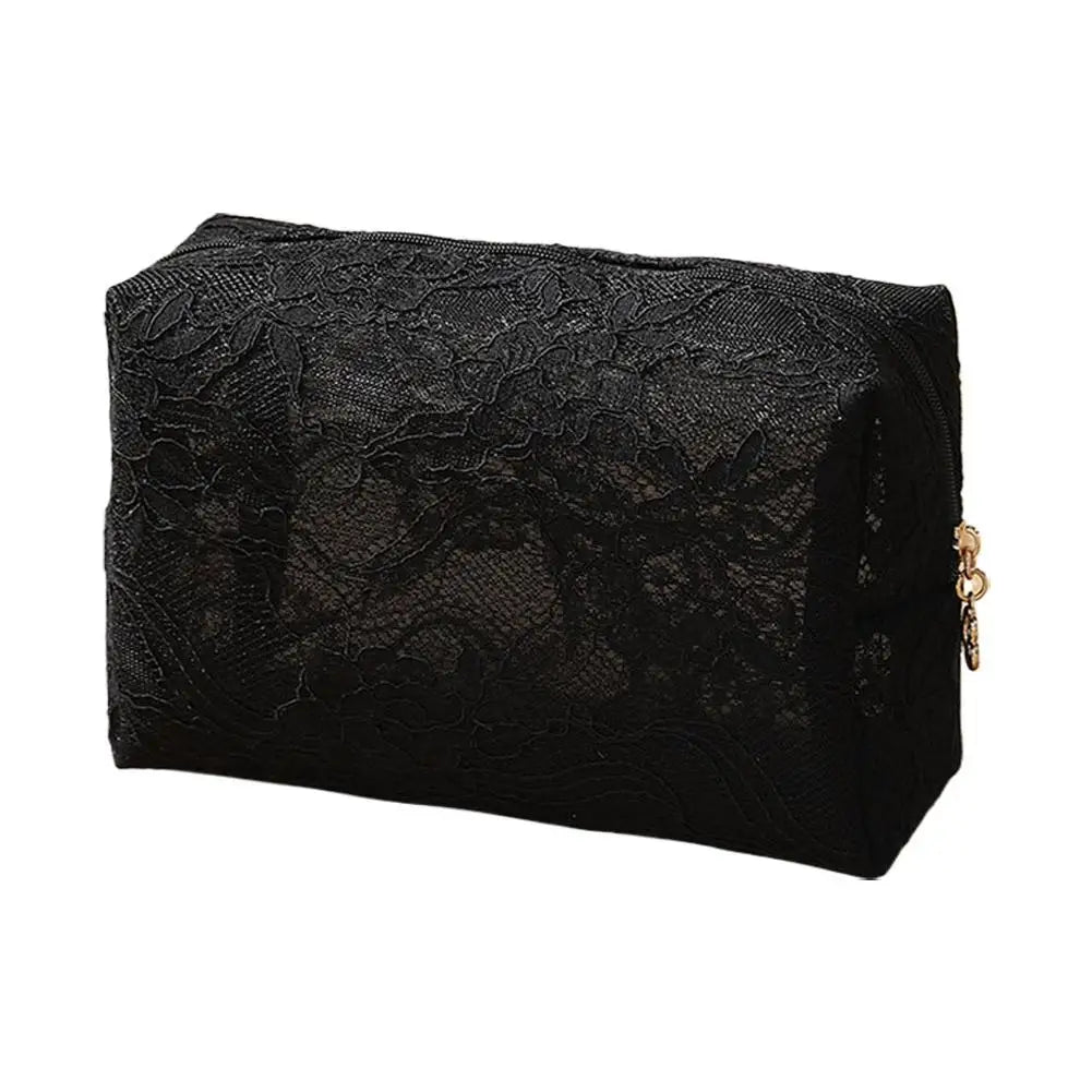 Lace Mesh Women's Makeup Bag Large Capacity Cosmetic and Jewelry Organizer Bag Zipper Square Portable Toiletry Bag Quake Black