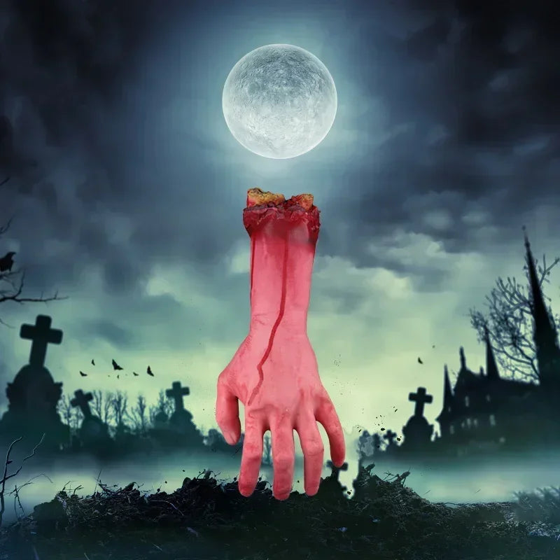 Scary Simulation Life Size Arm Halloween Horror Fake Arm Hand Latex Cut Off Hand Bloody Halloween Prop Haunted Party Decoration Quake