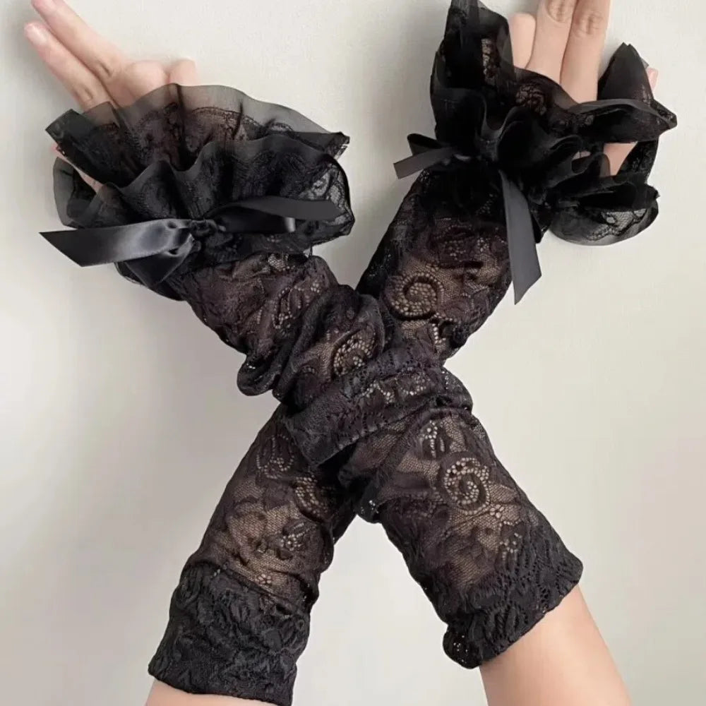 Sweet Lace Bowknot Womens Sleeve Y2K Hollow Out Bridal Wrist Gloves Sun Protection Lace Fingerless Gloves Quake